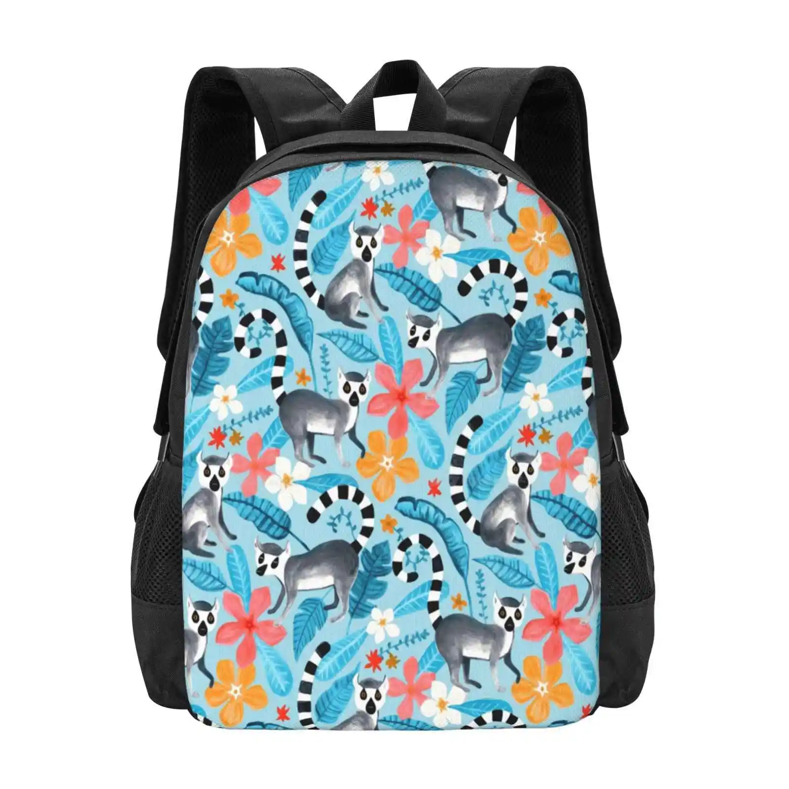 Gouache Lemur Land On Blue Large Capacity School Backpack Laptop Bags Lemur Pattern Gouache Lemurs Cute Lemurs Girly Lemurs