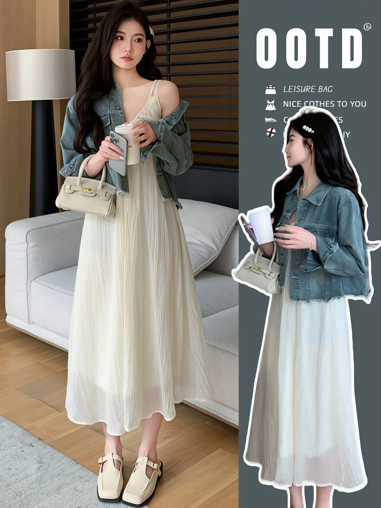 maternity-spring-outfit-soft-v-neck-strap-dress-denim-jacket-two-piece-set-comfortable-breathable-cotton-long-sleeve-midi-dre