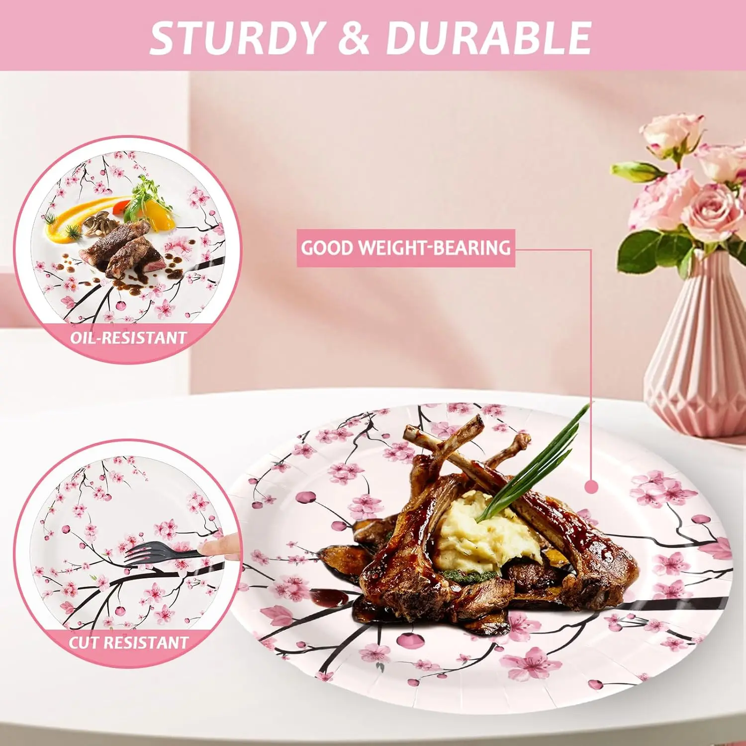 Neues Rosa Kirschblüten Einweggeschirr, Pappteller, Becher, Servietten, Tischdecken, Strohhalme, Hochzeits-, Geburtstagsparty-Zubehör – Detail 9