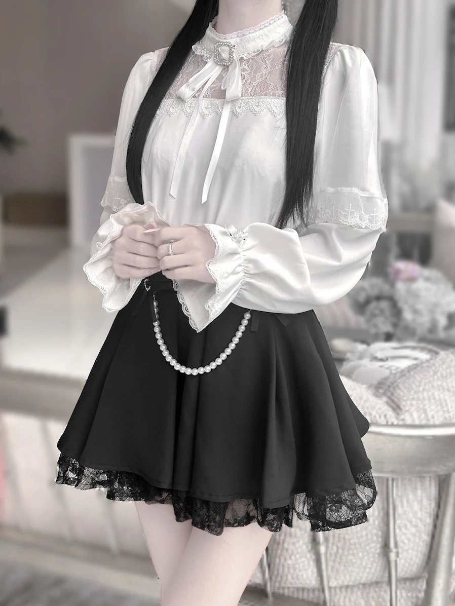 Elegant Lace Girl Sweet Bow Sexy Hollow Long Sleeve Chiffon Blouse Spring Autumn Playful Age Reducing High Waist Pearl Skirt