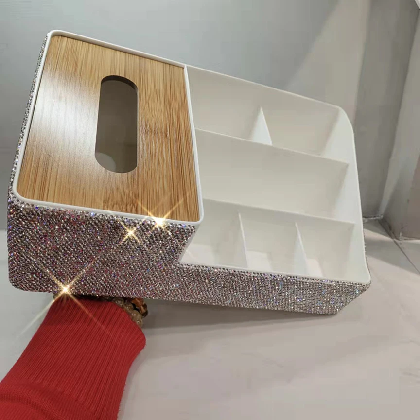 Luxury Tissue Box Wooden Plastic Diamond Removable Napkin Holder Tissue Holdler Bling Paper Storage Box Case Home Accessories