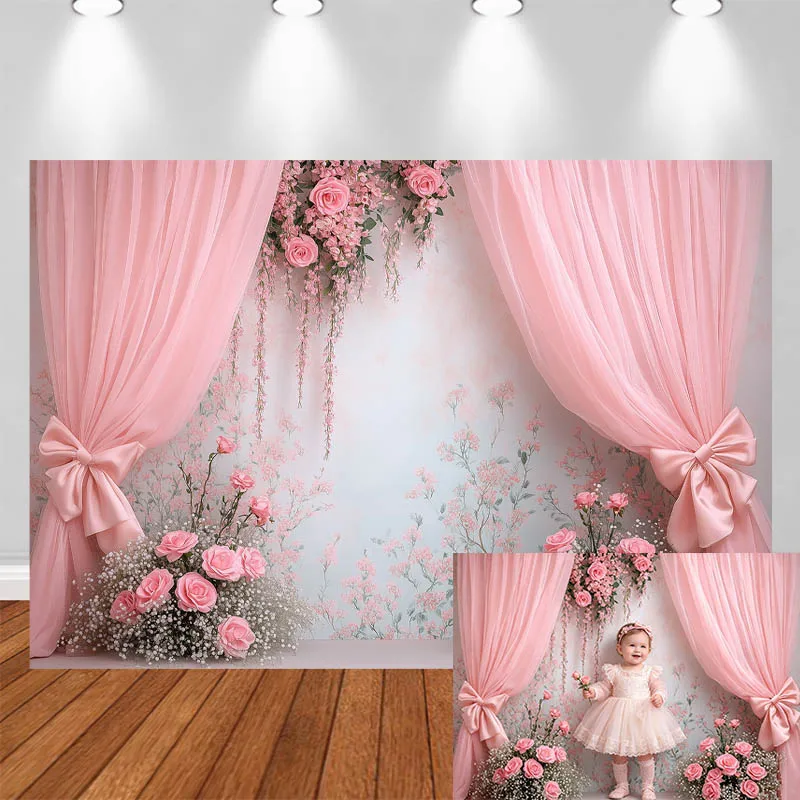 

LS Photography Backdrop Pink Curtain Flower Decor Wedding Birthday Cake Smash Adult Kids Portrait Photo Background Studio