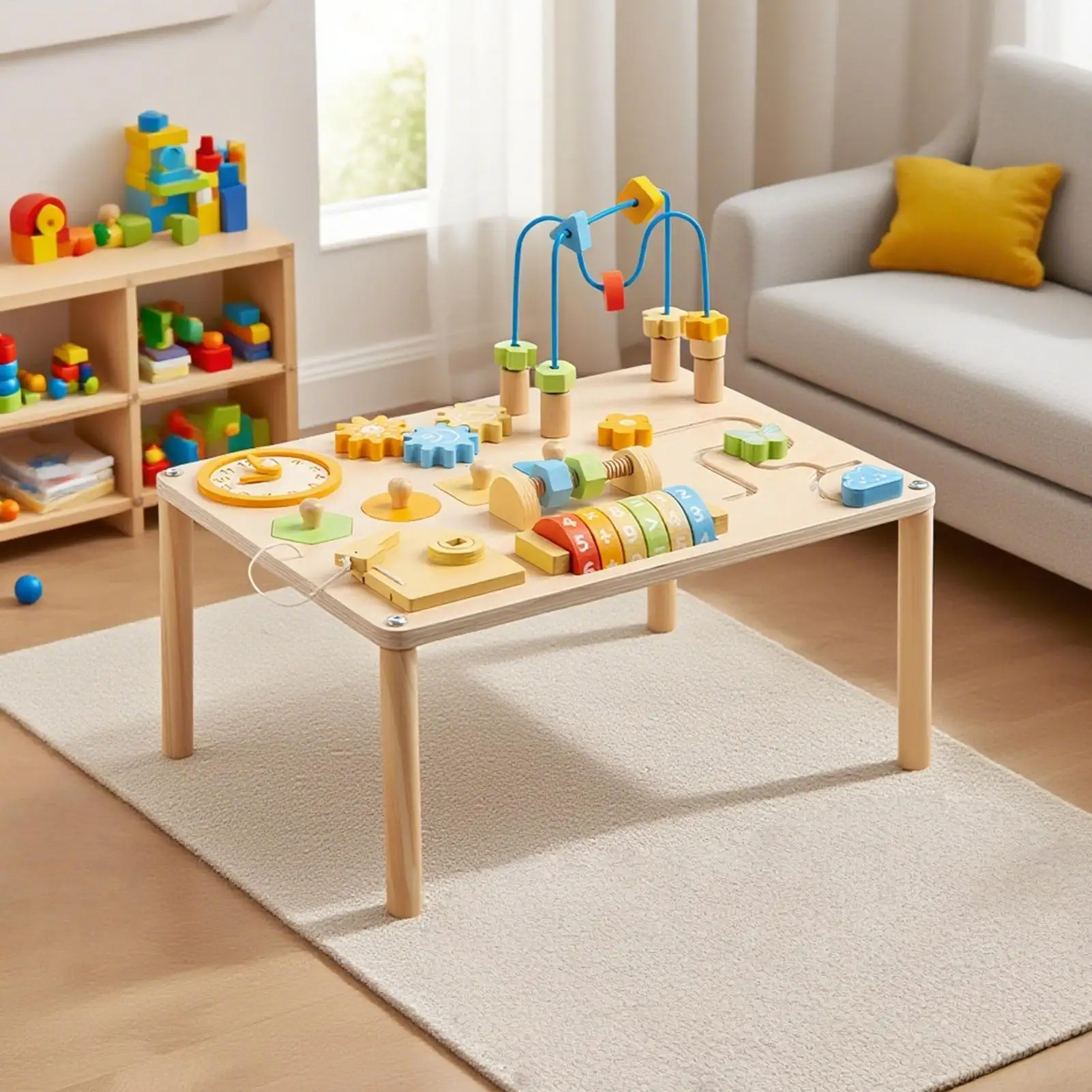 โต๊ะกิจกรรมไม้สำหรับเด็กวัยหัดเดิน เรียนรู้ทักษะพัฒนาการก่อนวัยเรียน ของเล่นมอนเตสซอรี่พร้อมตัวเรียงรูปทรงและเขาวงกตลูกปัด