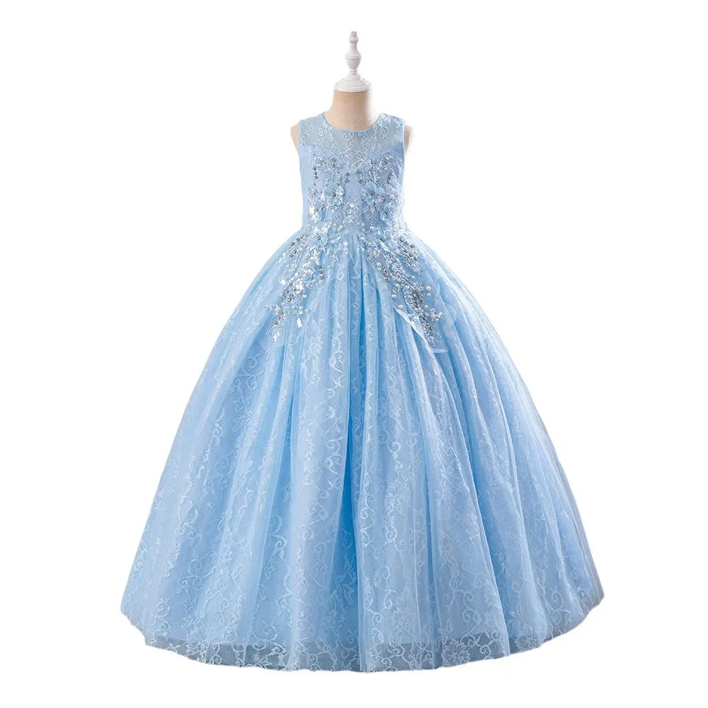 

Girls Clothes For Women's Children's Elegant Evening Princess Wedding Party Dresses Eid Gala 6 12 14 Years Girl Blue Long Dress