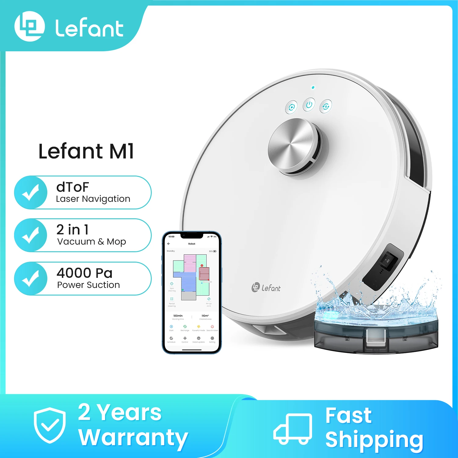 Lefant M1 2-in-1 robotstofzuiger, 5500 Pa, LiDAR-navigatie, kaartweergave in meerdere stappen, virtuele zones, connectiviteit via Alexa/app/wifi, ideaal voor dierenharen, tapijten en harde vloeren.