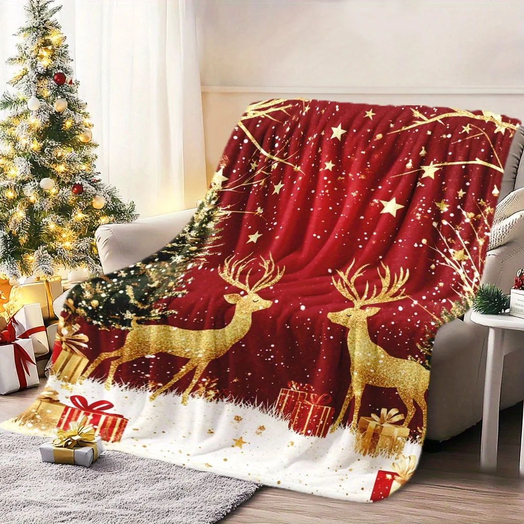 Cozy Golden Christmas Deer & Tree Throw Blanket - Soft, Warm Flannel for Naps, Camping, Travel, Office & Home Decor