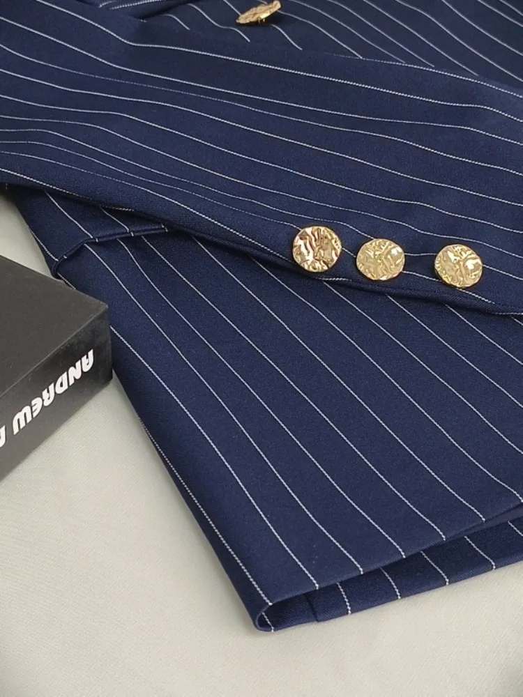 سترة UOOZEE النسائية المخططة باللون الأزرق الداكن مزدوجة الصدر وأكمام طويلة وفضفاضة وأزرار أنيقة بدلة مكتب الأعمال #6