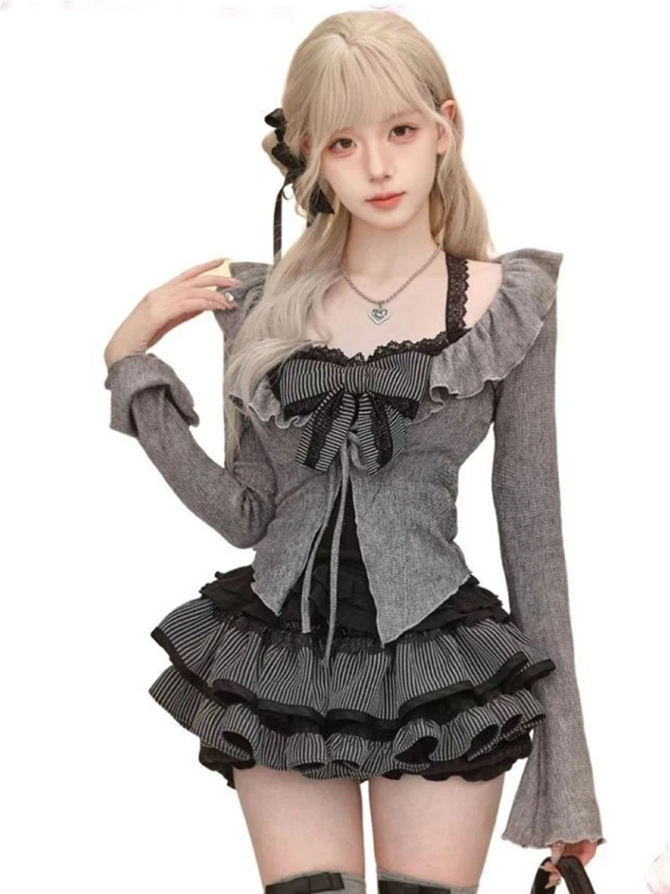 

Vintage Lolita 3 Piece Sets Women Lace Camis Tops + Kawaii Ruffles Cardigan Outwear + Slim Y2K Skirts Evening Party Autumn Sets