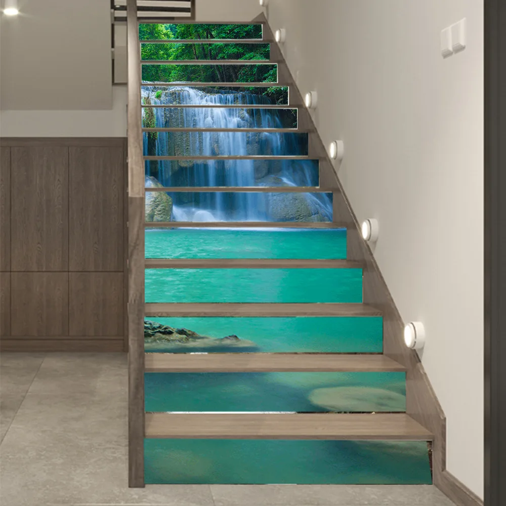 Stair Riser Stickers 13Pcs 100x18cm Forest Waterfall Landscape Self Adhesive Waterproof Vinyl Decals Home Staircase Decor Mural