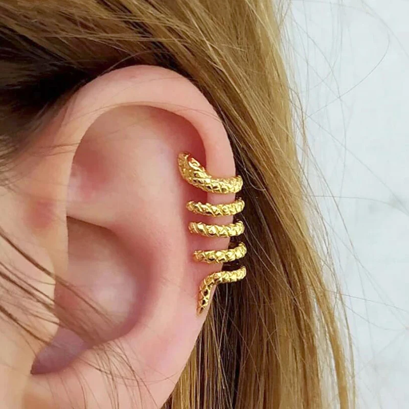 1PC ชุบ 24K Gold Vintage Creative งู/Leaf 925 เงินคลิปบนต่างหูผู้หญิง Gothic ไม่มีเจาะหู Cuff Party ของขวัญ