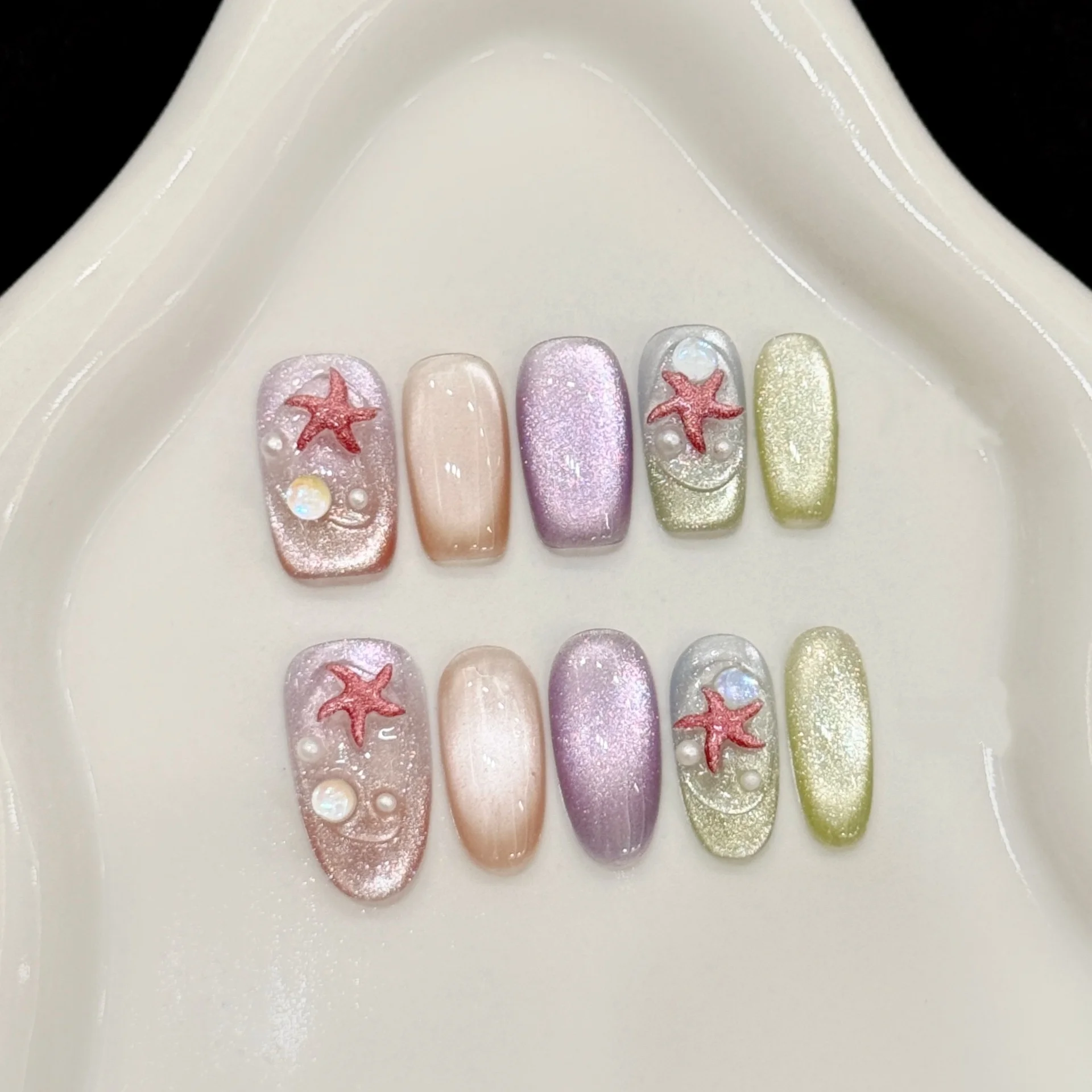 10pcs Cute Oval Handmade False Nails Art Ocean Cat's Eye Colorful Mid-length Press on Nails Tip Rhinestone Star Design Fake Nail