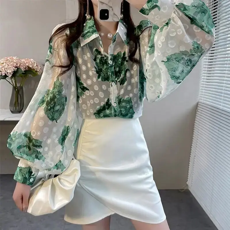 

Chiffon Embroidered Printed Top Blusas Mujer De Moda 2025 Perspective Shirts Loose Lantern Sleeve Polka Dot Blouse Shirt