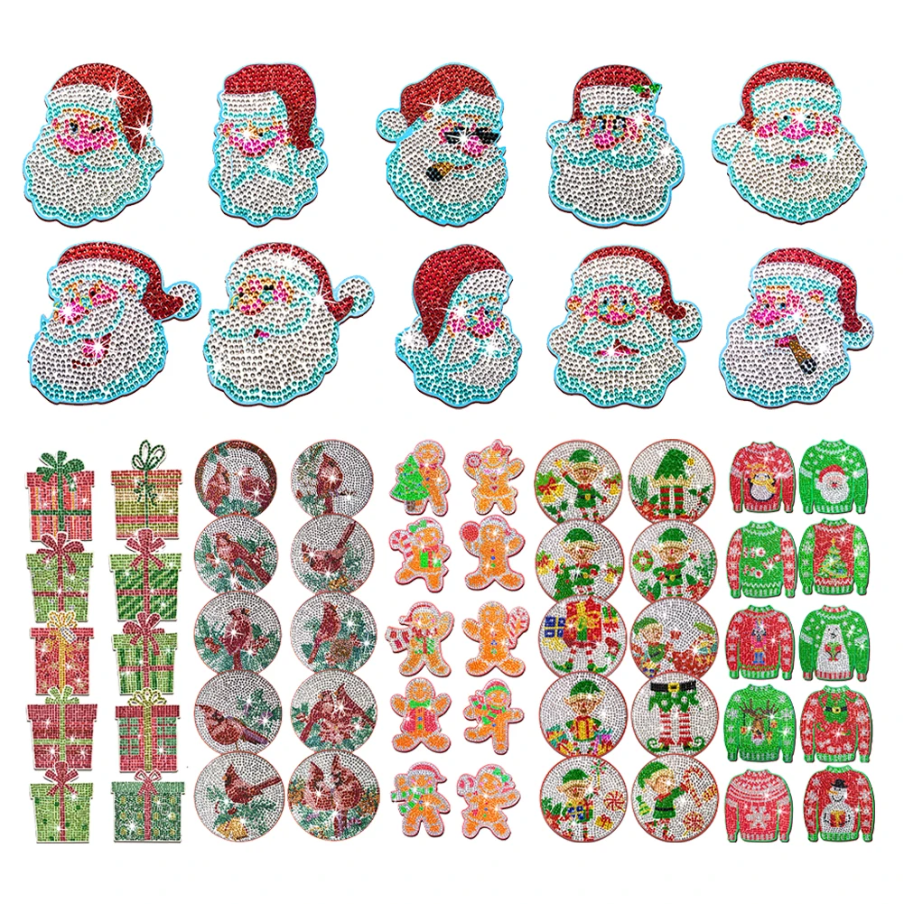 

10PCS Christmas Diamond Painting DIY Coaster Christmas Gifts Cardinals Diamond Painting Coasters Kits Santa Xmas Gingerbread Man