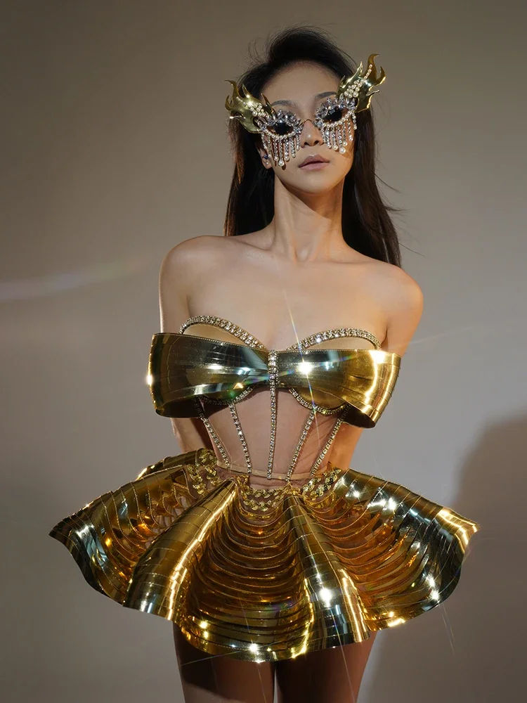 Luxury Two Piece Set gold Sequins Rhinestone Outfit club Sexy Backless Shiny Party Dress singer Stage Performance Costume