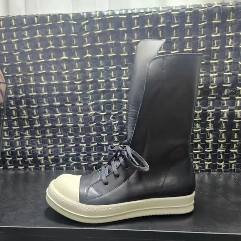 Men Genuine Leather Mid-Calf Boots Luxury Trainers Lovers High Top Boots Casual Lace-Up Zip Flats Hip Hop Male Shoes
