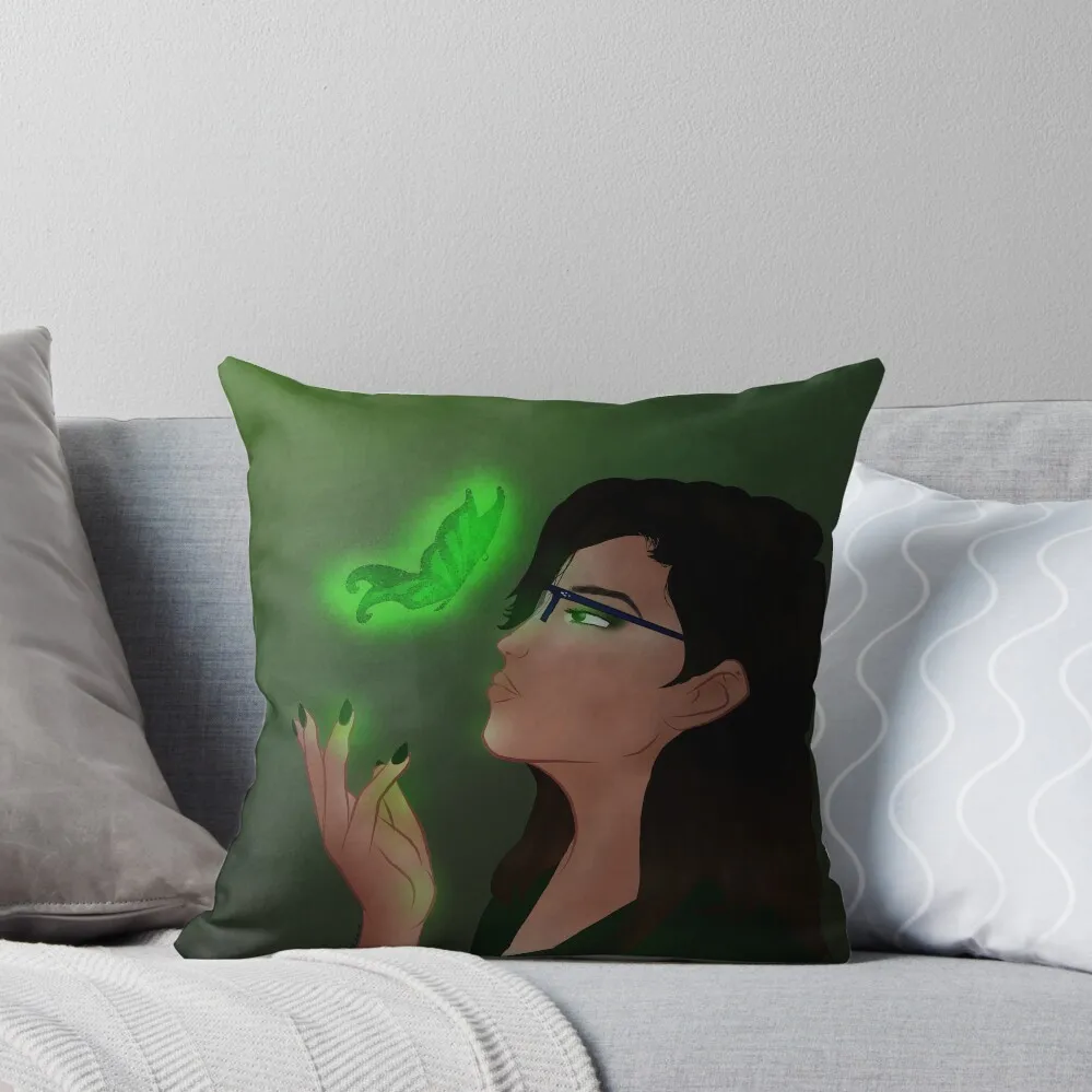 Illusion of glowing green butterfly emerges from hand Throw Pillow sleeping pillows Sofa Cushion Pillow