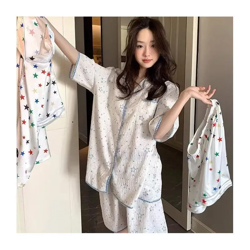 Women's Pajama Set Fashion Homewear Short Sleeve Shorts Soft Cotton Sweet Star Contrast Trim Summer Korean Style New Comfy