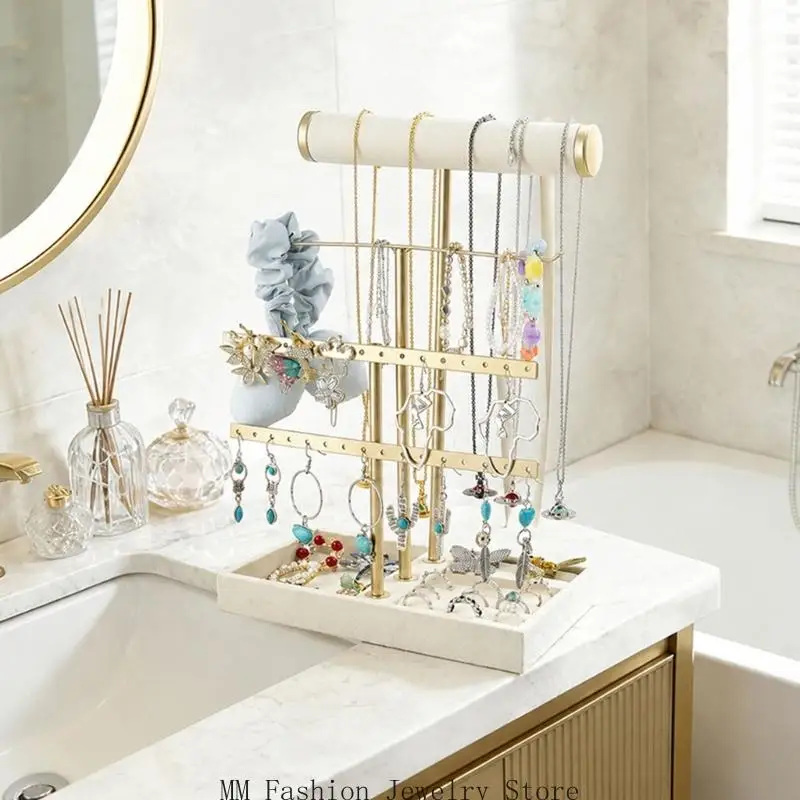 Vanity Jewelry Display Holder with Gold Tone Multi Level Storage D0UB