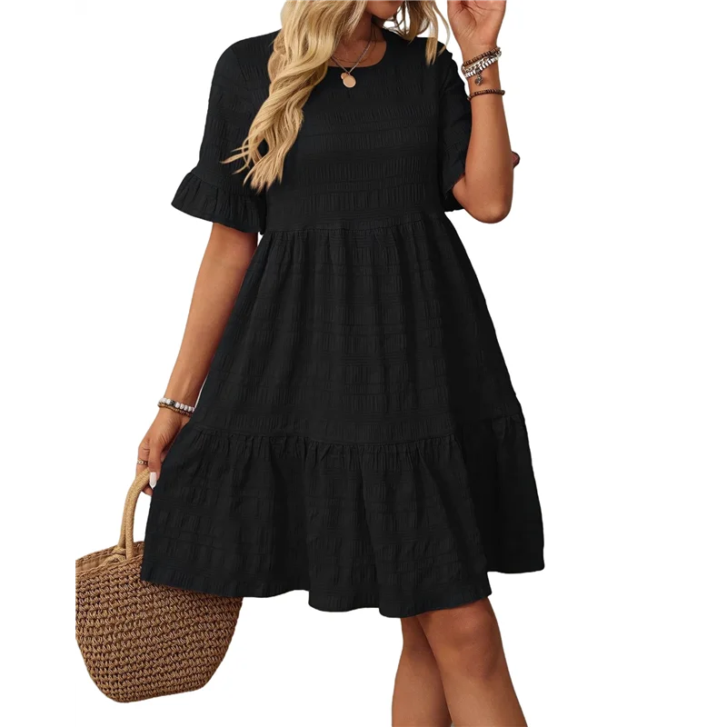 FX-Vestiti estivi da donna 2025 Manica a sbuffo Girocollo Vita alta Smocked A-Line Abito longuette fluido e ampio