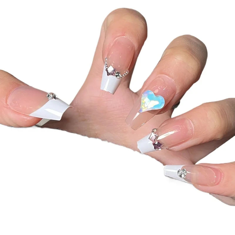 

Wearing nail love colored diamond advanced French manicure piece Wearable handmade nail piece