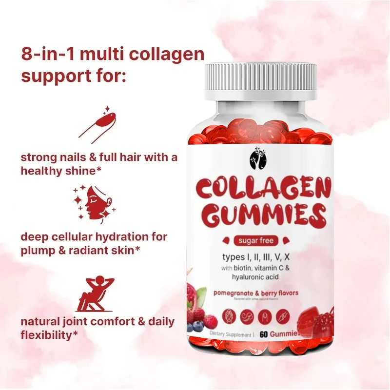 Collagen capsules containing biotin, hyaluronic acid, and vitamin C complexes of types I, II, III, V, and X