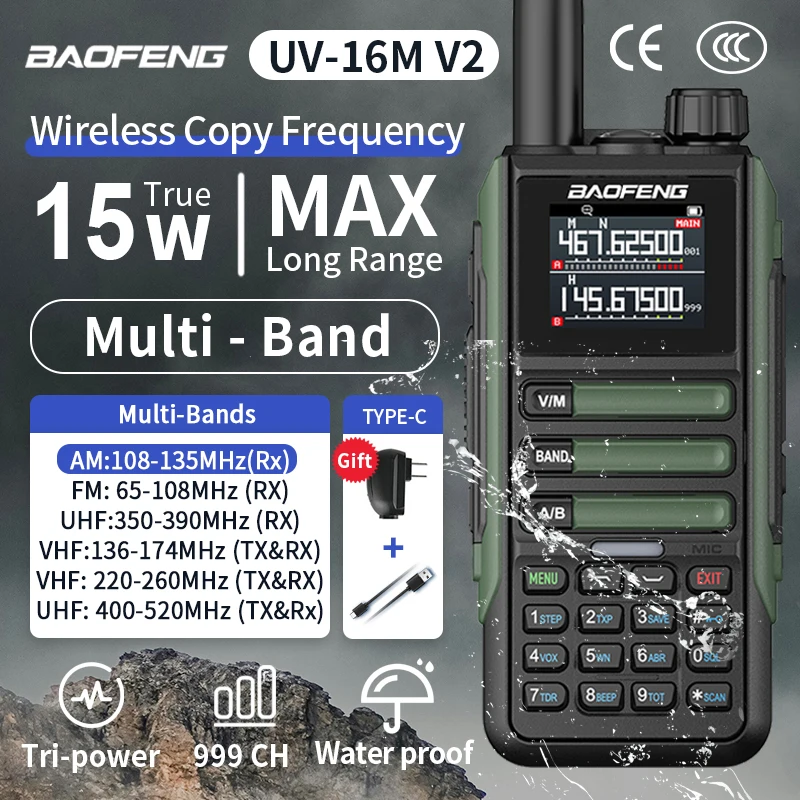 BaoFeng UV16M V2 Walkie Talkie Multi-band AM Waterproof High Power Long Range Two Way NOAA Portable Ham Radio UV-5RH UV16 Update