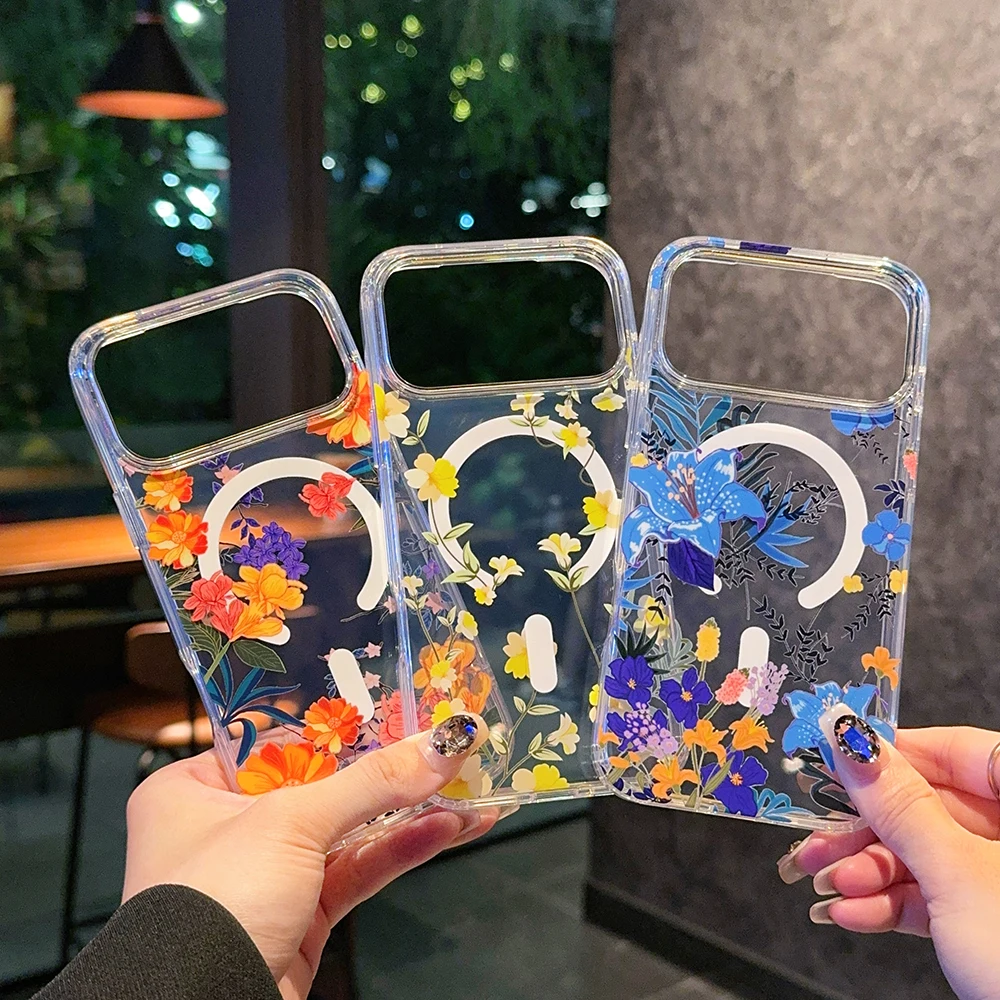 Luxuriöse Transparente Blumen-Magsafe-Handyhülle für iPhone 18 17 16 15 14 13 Pro Max 16E Magnetische Kabellose Ladefunktion Stoßfeste Hülle – Detail 2