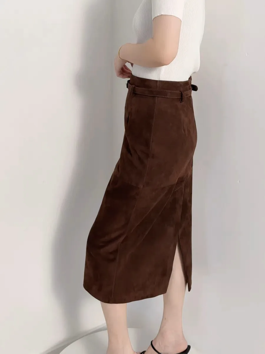 

Retro Suede Leather Skirt Soft Lambskin Midi Skirt with Waist Belt Calf Length Skirts for Women Korean Fashion Clothing