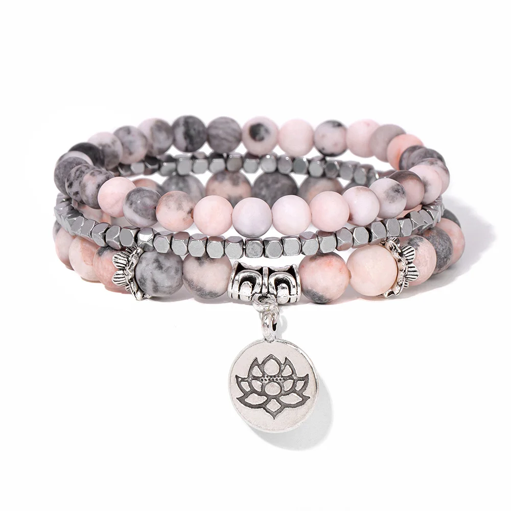 3pcs/set Buddha Lotus Pendant Pink Zebra Charm Bracelets For Women Men Natural Stone White Agate Beads Bracelet Set Yoga Jewelry