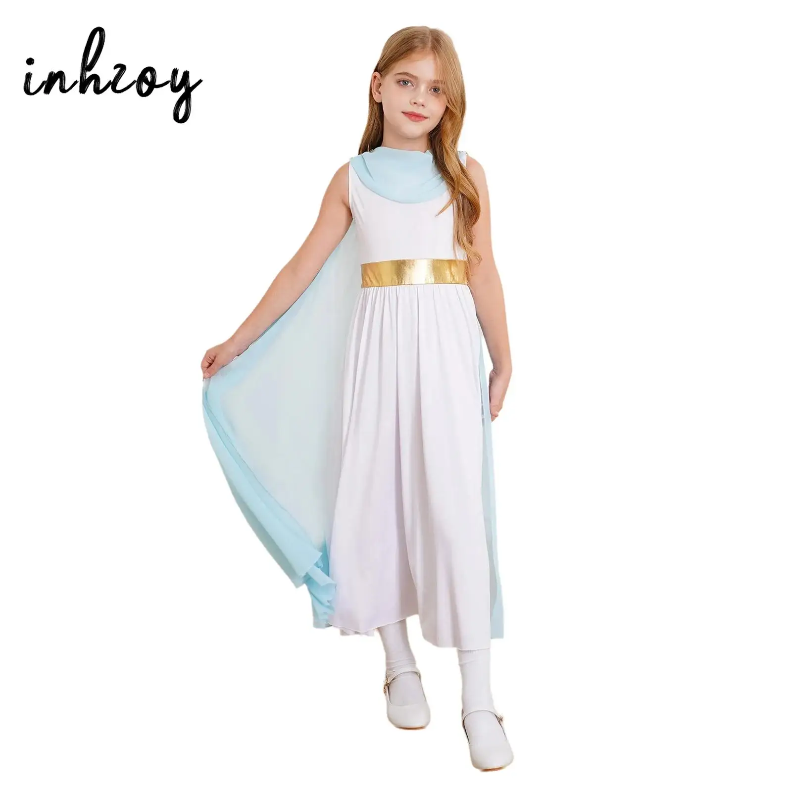 Kids Girls Halloween Greek Princess Costume Ancient Grecian Athena Goddesses Toga Cosplay Party Dress with Split Tulle Cape