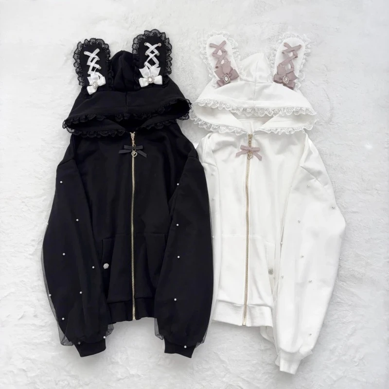 Japanese Pearl Gauze Patchwork Coats Women Y2k Aesthetic Lace Rabbit's Ears Jackets Casual Oversized Harajuku Kawaii Hoodies Top
