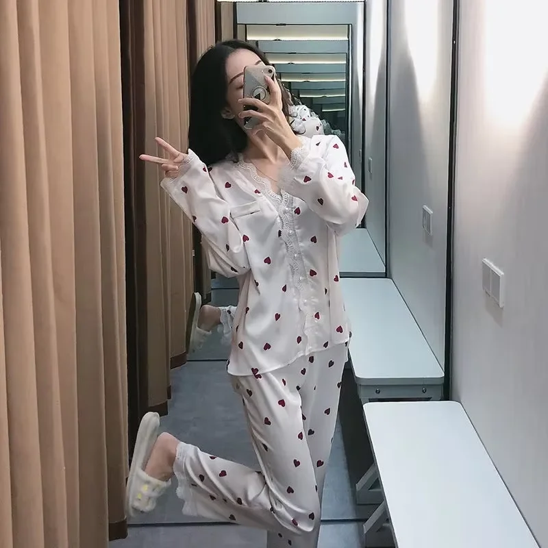 Women's Ice Silk Lace Pajamas Long-Sleeved Net Red Two-Piece Set Spring Autumn Home Wear Comfortable Simulation Silk