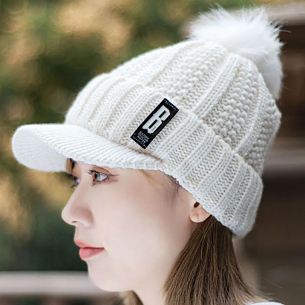 

Fashion Keep Warm Knitted Hat Windproof With Fur Balls Ear Protection Hat Thickened Winter Cap Women