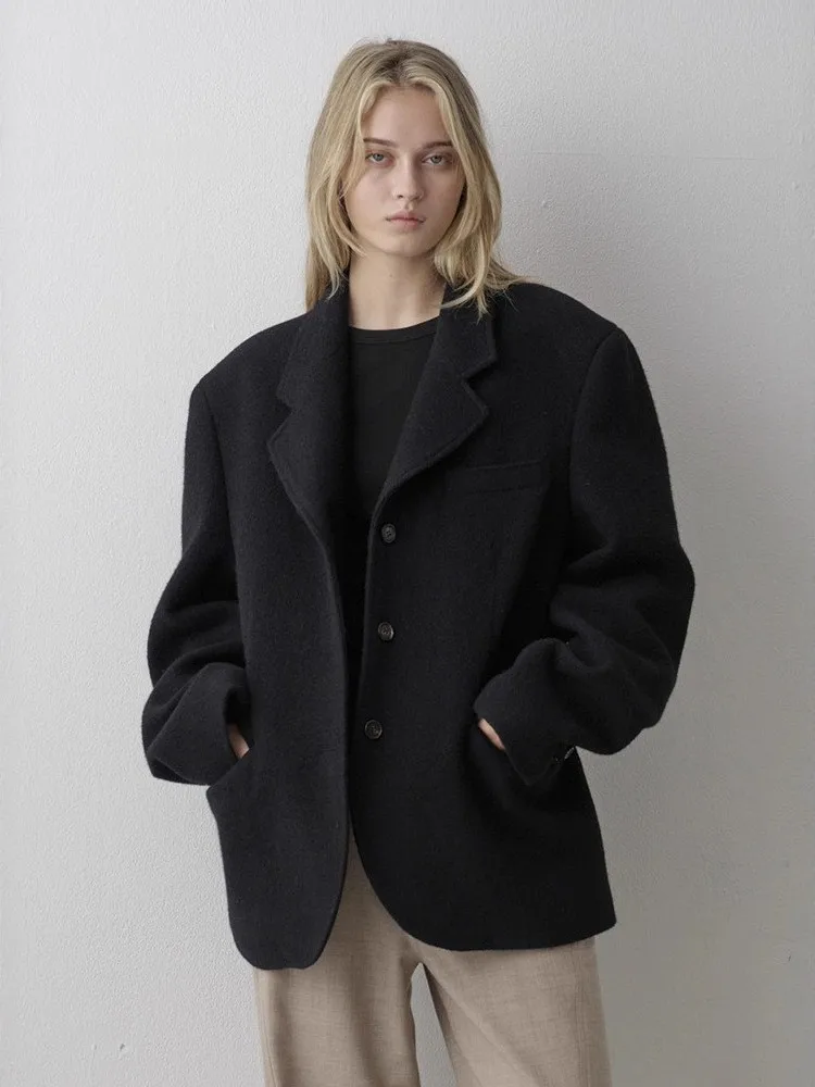 

Женский шерстяной пиджак с отложным воротником, осенне-зимний, новый стиль, приталенный крой, для офиса, с длинным рукавом, на одной пуговице