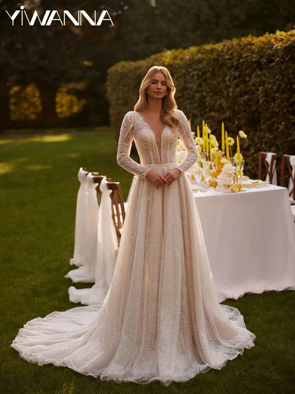 

Sparkly Beaded Pearls A-line Lace Wedding Dress Sexy Deep V-neck Backless Bridal Gown Customized Long Sleeve Dresses For Bride