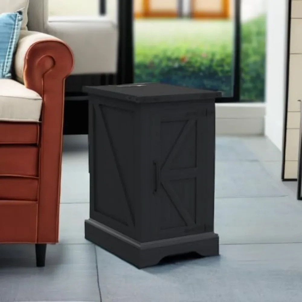 充電ステーション付きナイトスタンド、納屋ドアと調節可能な収納棚付き長方形ファームハウスエンドテーブル