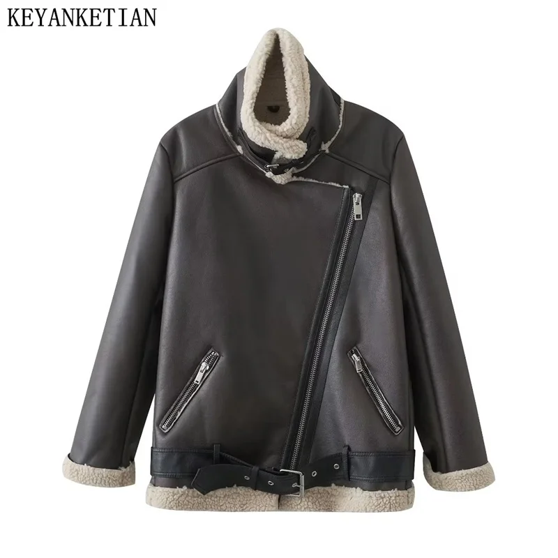 

KEYANKETIAN New Winter Belt Accessory Lamb Fur Jacket Street Women's Faux Leather Thermal Leather Jaqueta Feminina Outerwea