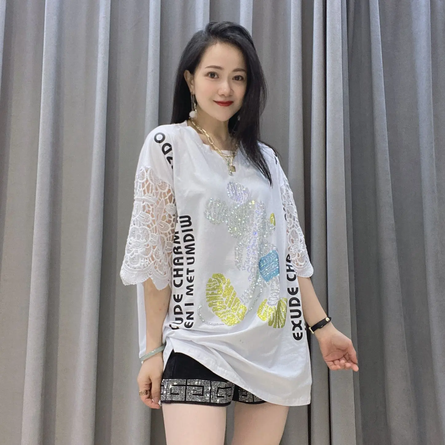 Fashion Lace Sleeve T Shirt for Women Summer Clothing Casual Cartoon Pattern Diamonds Loose O Neck Female Tops Tee топ женский