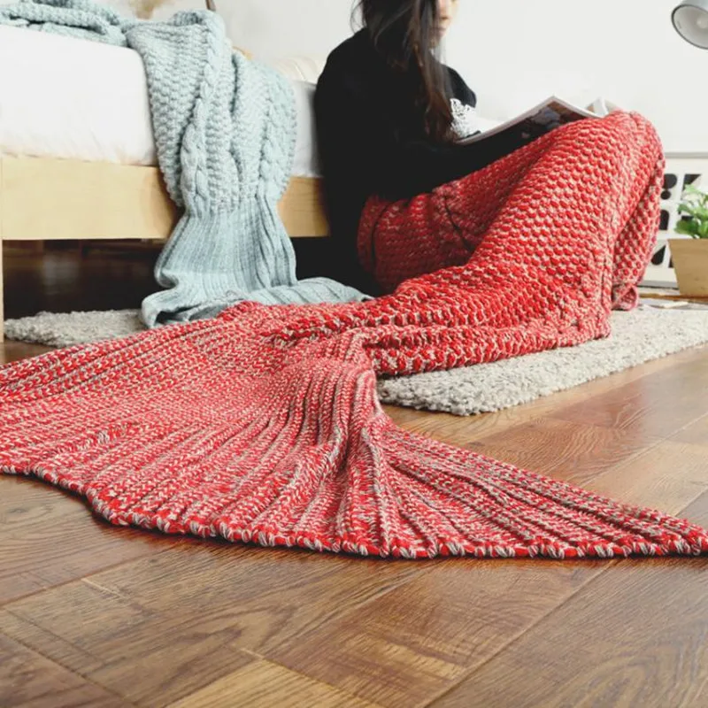 

Cute Mermaid Tail Throw Blanket for Teens Adults Sleeping Bag Soft Acrylic Knitted Blankets Baby Blanket Creative Gift Solid