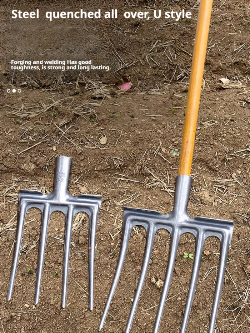 

Agricultural tilling fourtooth steel fork farm equipment Garden Manganese steel tilling soil digging and loosening wooden posts