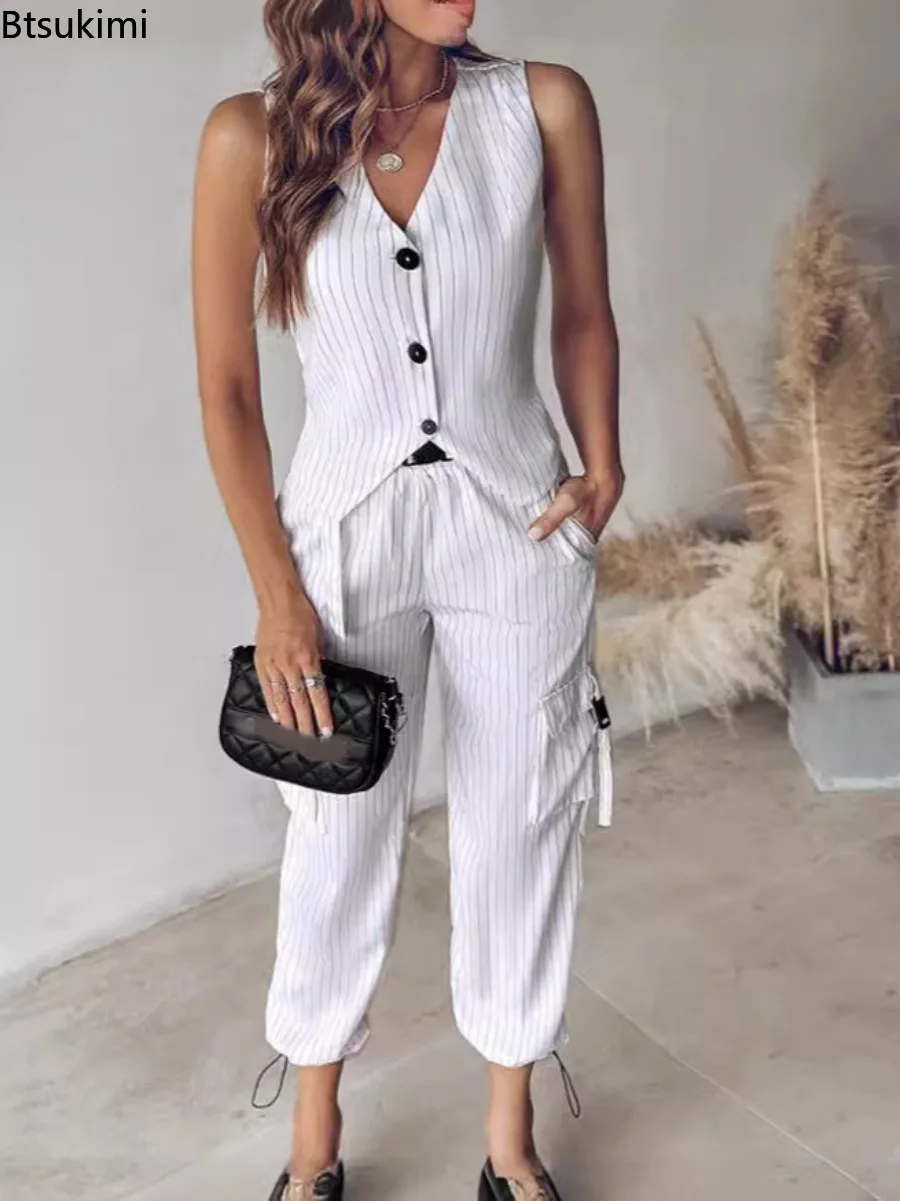 

2024 New Women's Elegant 2 Piece Sets Fashion Striped Print Sleeveless Vest Tops and Cropped Pants Femme Leisure Commute Outfits