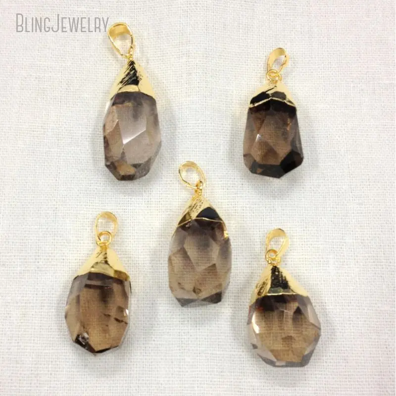 

Smoky Brown Quartz Faceted Crystal Briolette Pendant Light Gold Color Plated Stone Jewelry Charm PM12145