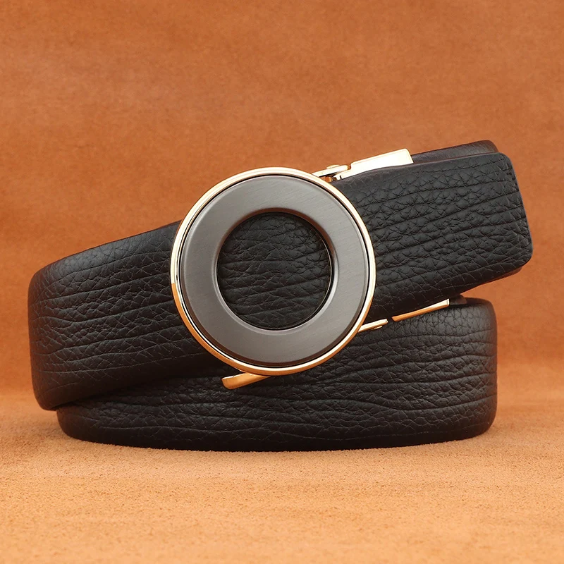 أحزمة بإبزيم أوتوماتيكي بسيط عالي الجودة للرجال، حزام خصر فاخر من الجلد المحبب بالكامل، حزام خصر رسمي أسود #2