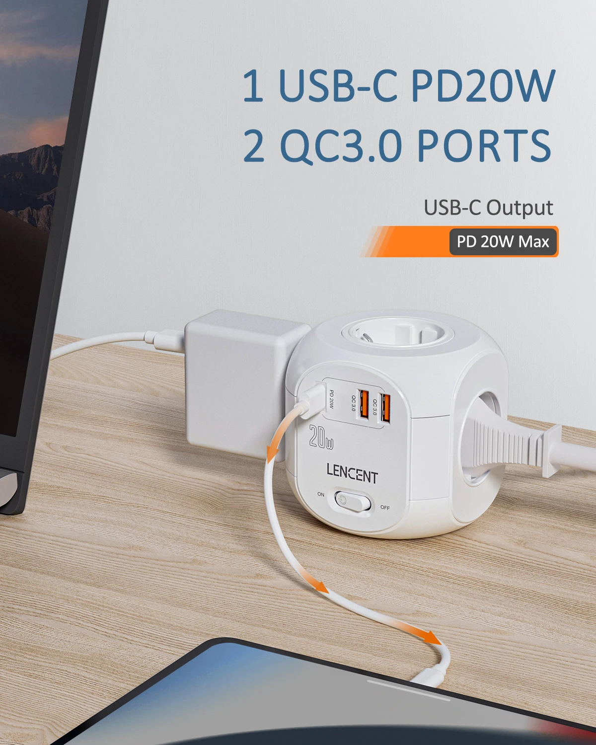 LENCENT EU Plug Power Strip Cube with 4 AC Outlet +2 QC3.0 USB +1 PD20W TypeC 2M Braided Cable Fast Charger with Switch for Home