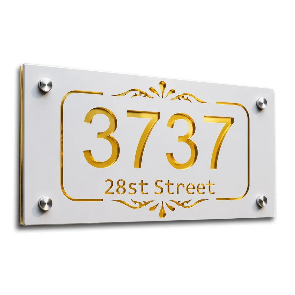 Custom House Number Sign Luxury Acrylic Address Plaque Recessed Gold Effect Door Number Plate Villa Entrance Decor