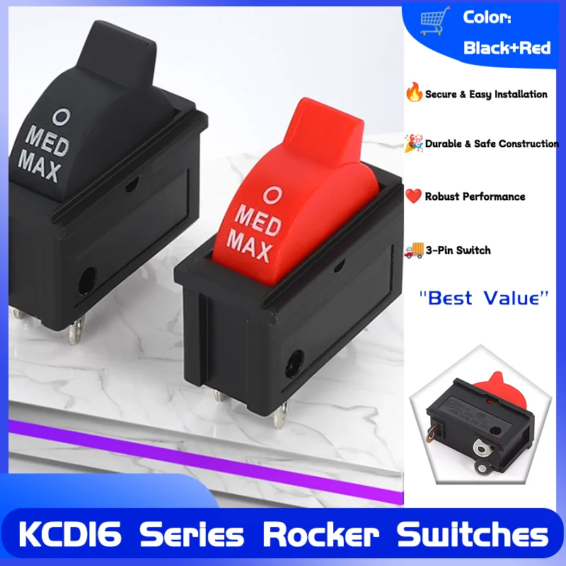 

KCD16 Wind Speed Control Button Rocker Switch Black Red 10A 250V 3 Positions 3Pin For Hair dryer SPDT Switch
