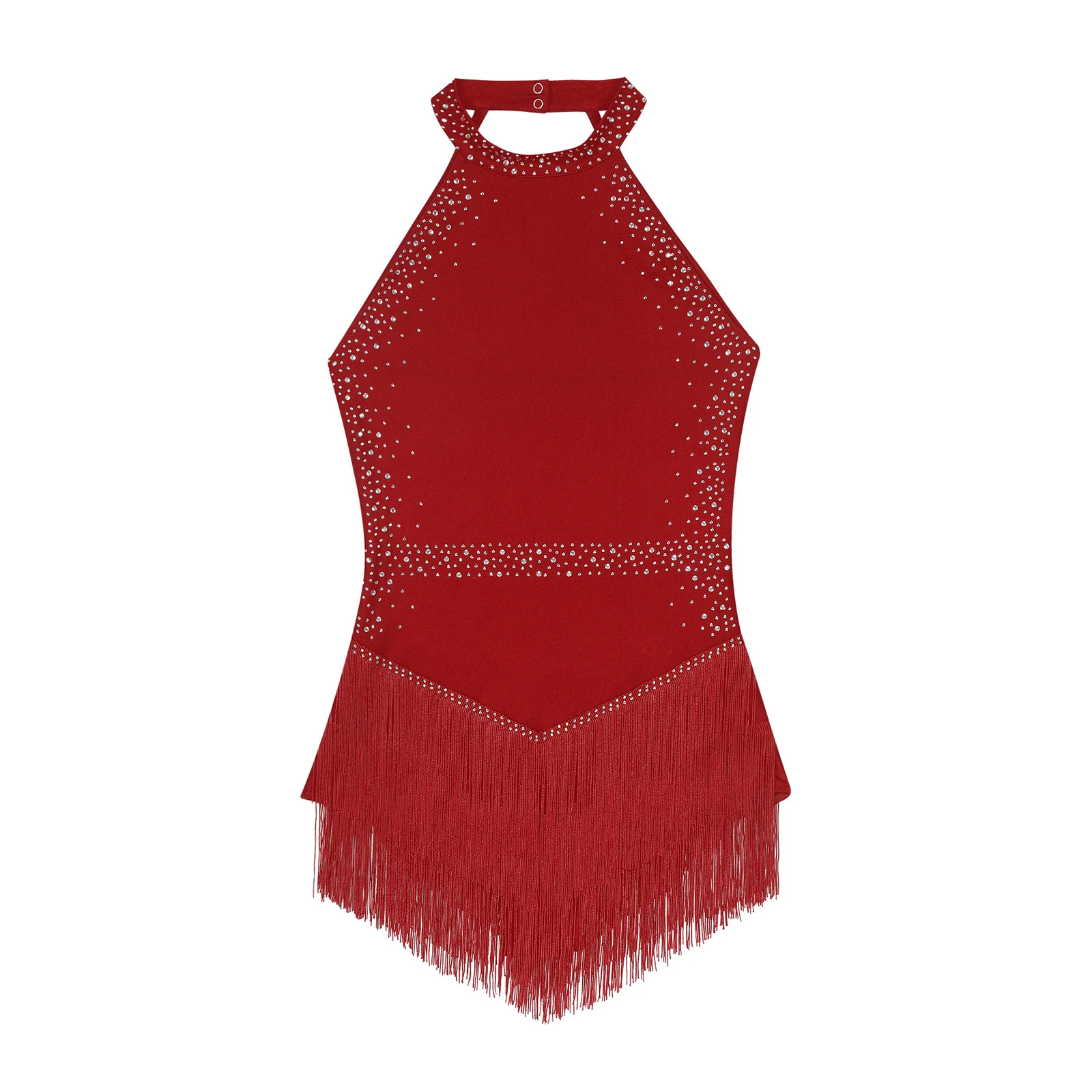 Women Latin Dance Dress Rhinestones Tassel Leotard Halter Sleeveless Backless Fringe Bodysuit Ballroom Tango Salsa Dance Costume