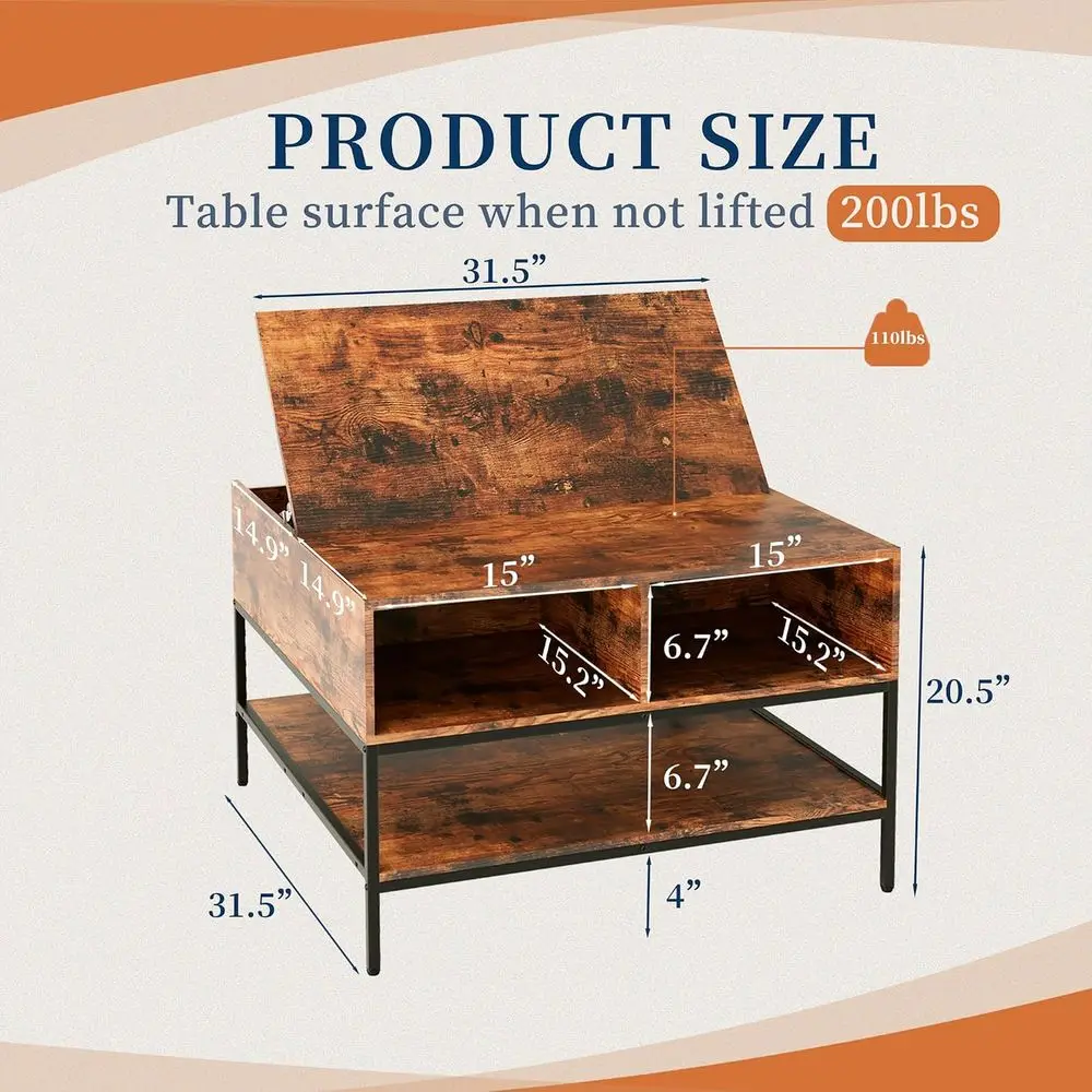lip Top Coee Table with Storage, Square Coee Tables with Large Hidden Comparent, armhouse Rustic Center Table Dining Table with