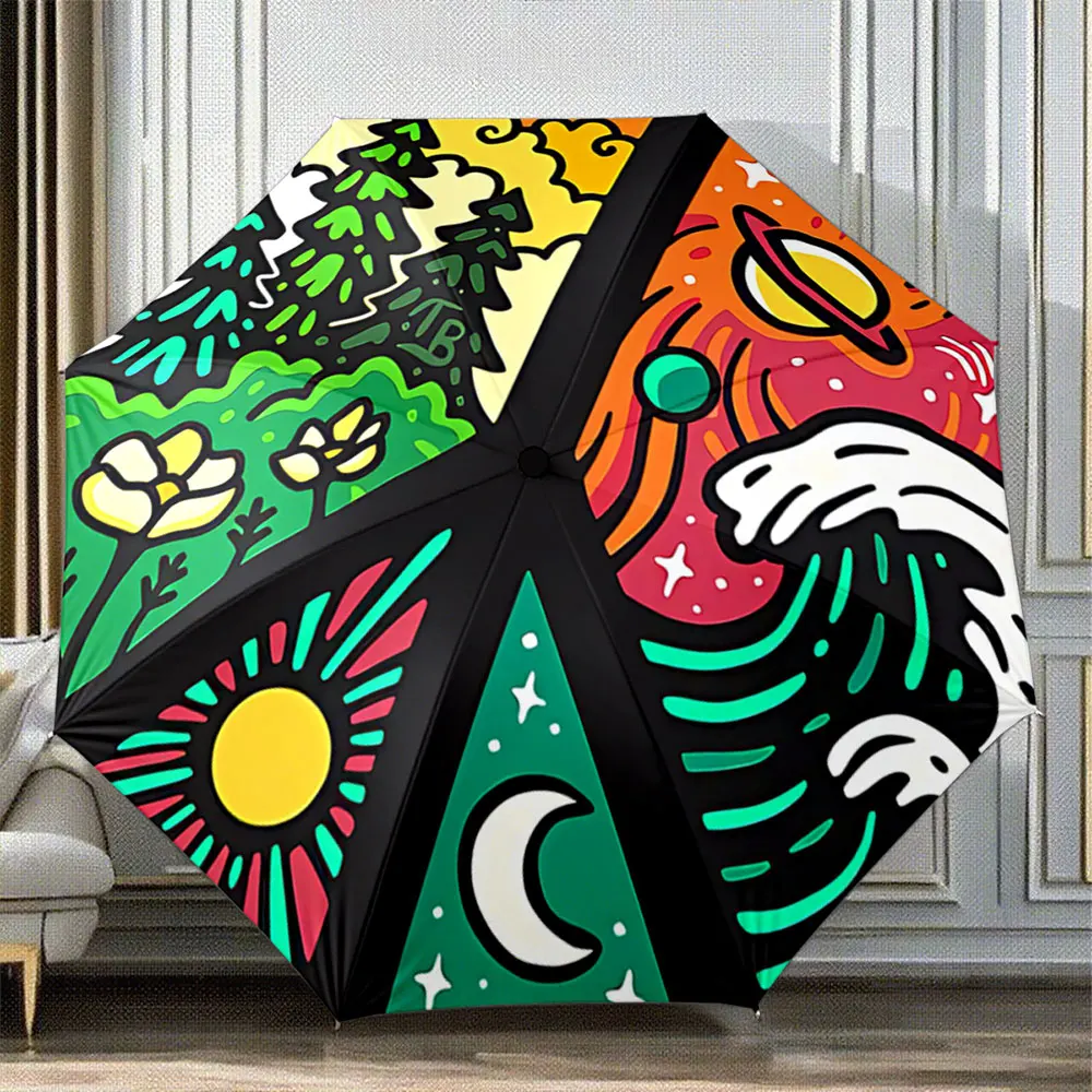 Colorful Peace Symbol with Nature, Space, Sun, and Moon Design. ,Portable Folding Umbrella, Gift for Family Friends