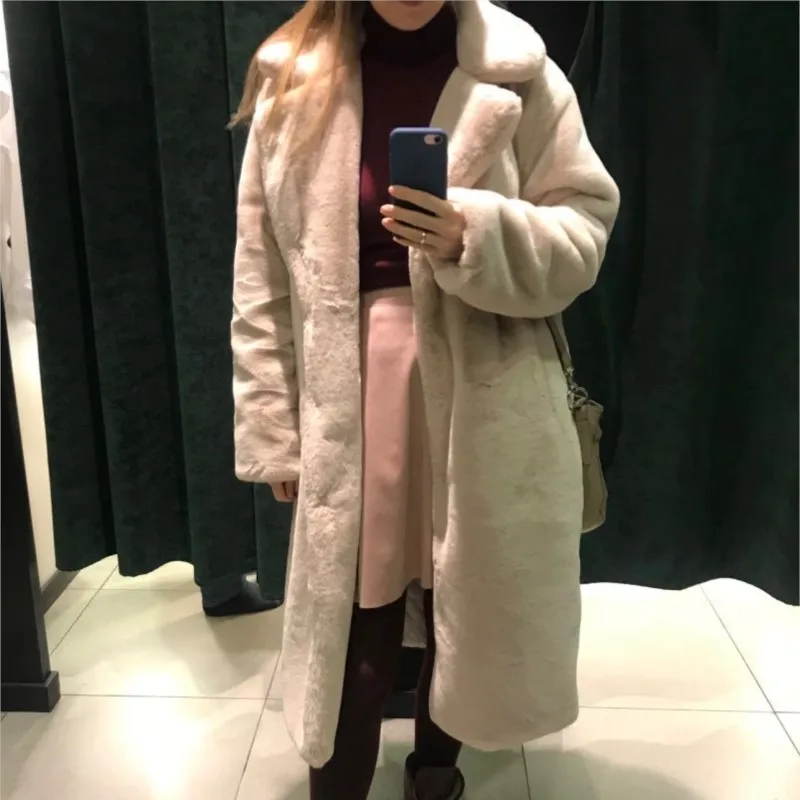 

Winter Women High Quality Faux Rabbit Fur Coat Luxury Long Fur Coat Loose Lapel OverCoat Thick Warm Plus Size Female Plush Coats